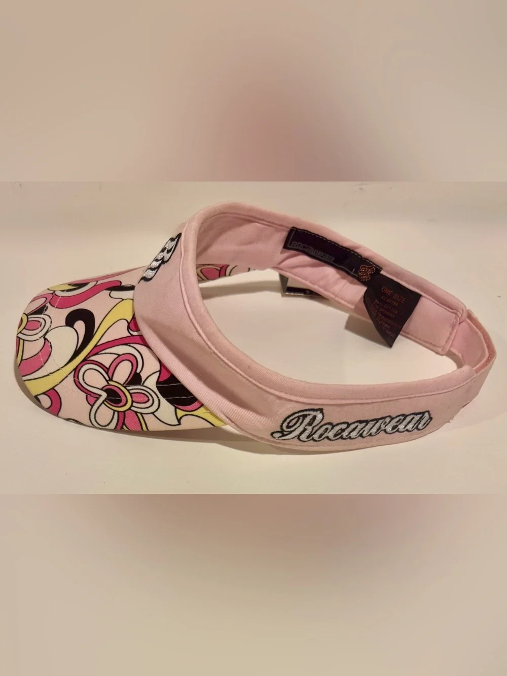 VintageRocawear multi-colored psychedelic floral/swirl print Pink band Visor Hat